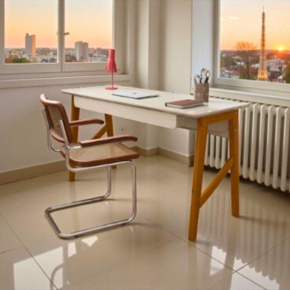 Escrivaninha Taurus 1 Gaveta Mdf Pés Madeira Maciça Mesa De Estudo Aparador Moderno Off White - 1