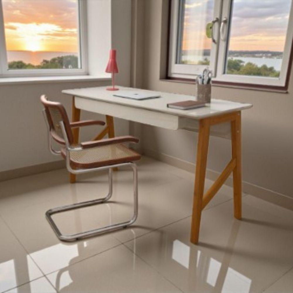 Escrivaninha Taurus 1 Gaveta Mdf Pés Madeira Maciça Mesa De Estudo Aparador Moderno Off White - 3