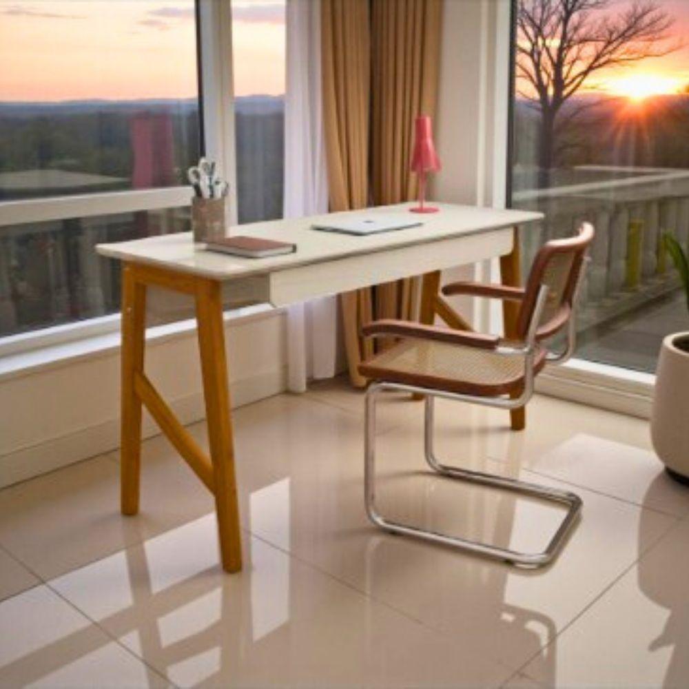 Escrivaninha Taurus 1 Gaveta Mdf Pés Madeira Maciça Mesa De Estudo Aparador Moderno Off White - 4