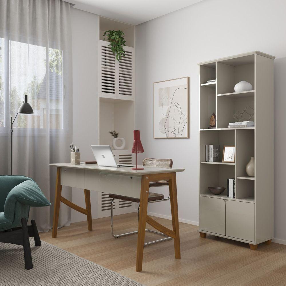 Escrivaninha Taurus 1 Gaveta Mdf Pés Madeira Maciça Mesa De Estudo Aparador Moderno Off White - 5