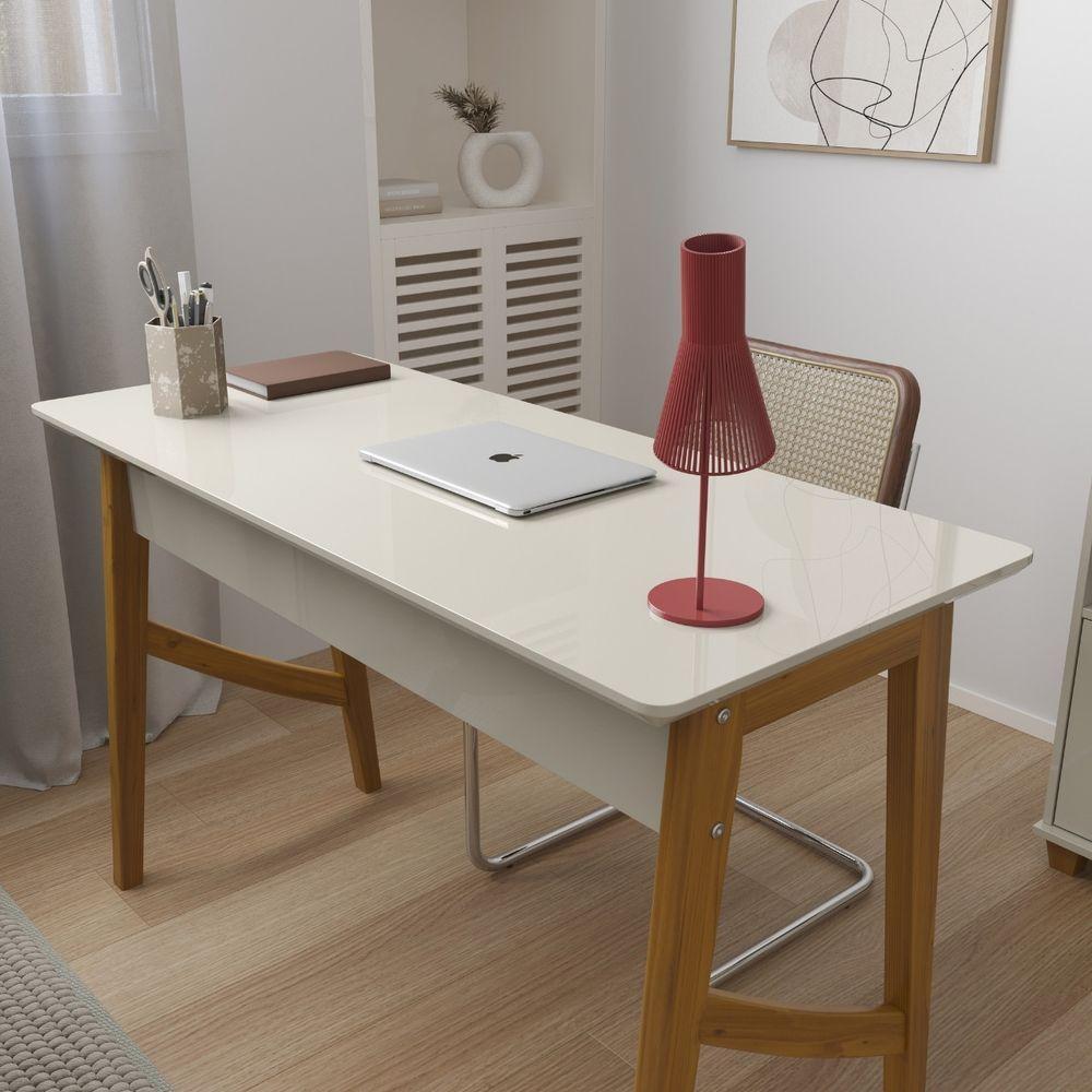 Escrivaninha Taurus 1 Gaveta Mdf Pés Madeira Maciça Mesa De Estudo Aparador Moderno Off White - 10