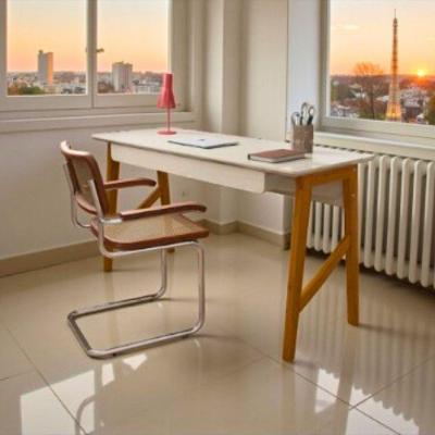 Escrivaninha Taurus 1 Gaveta Mdf Pés Madeira Maciça Mesa De Estudo Aparador Moderno Off White