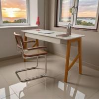 Escrivaninha Taurus 1 Gaveta Mdf Pés Madeira Maciça Mesa De Estudo Aparador Moderno Off White - 3