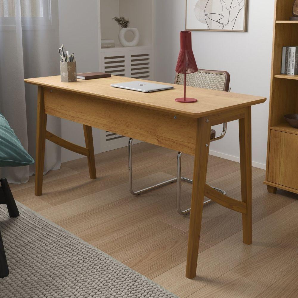 Escrivaninha Taurus 1 Gaveta Mdf Pés Madeira Maciça Mesa De Estudo Aparador Moderno Cinamomo - 1
