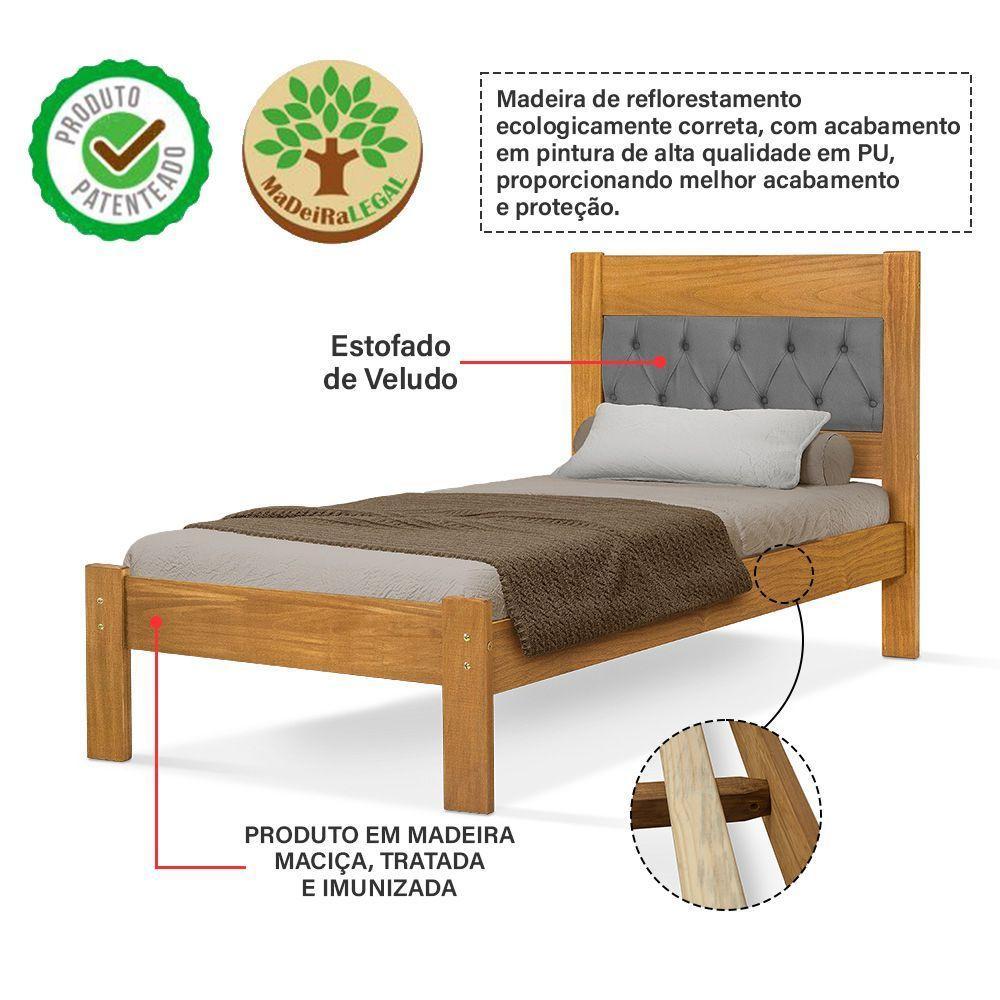 Cama De Solteiro Viena Cabeceira Captonê Veludo Cinza Madeira Imbuia - 3