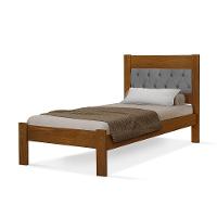 Cama De Solteiro De Madeira Castanho Viena Com Cabeceira Estofada Veludo Cinza - 2