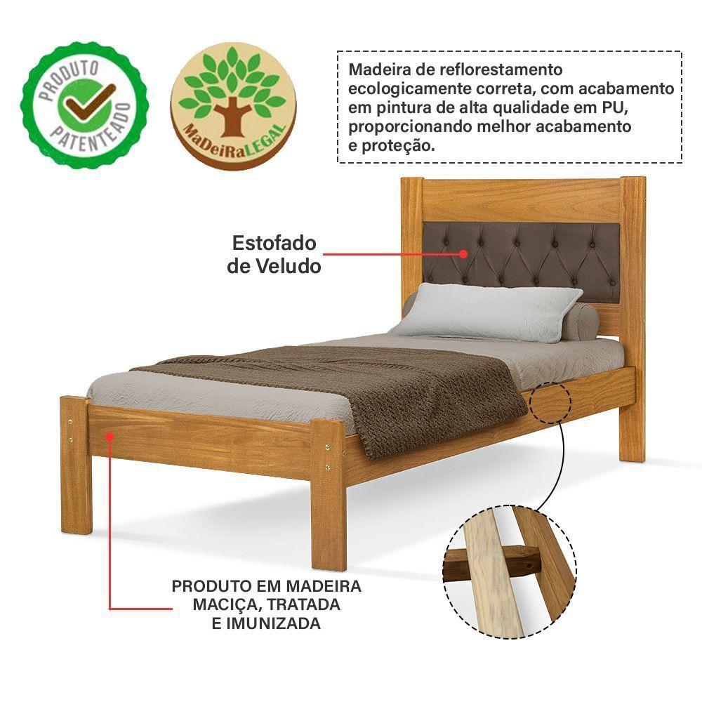 Cama De Solteiro De Madeira Imbuia Viena Com Cabeceira Estofada Veludo Marrom - 3