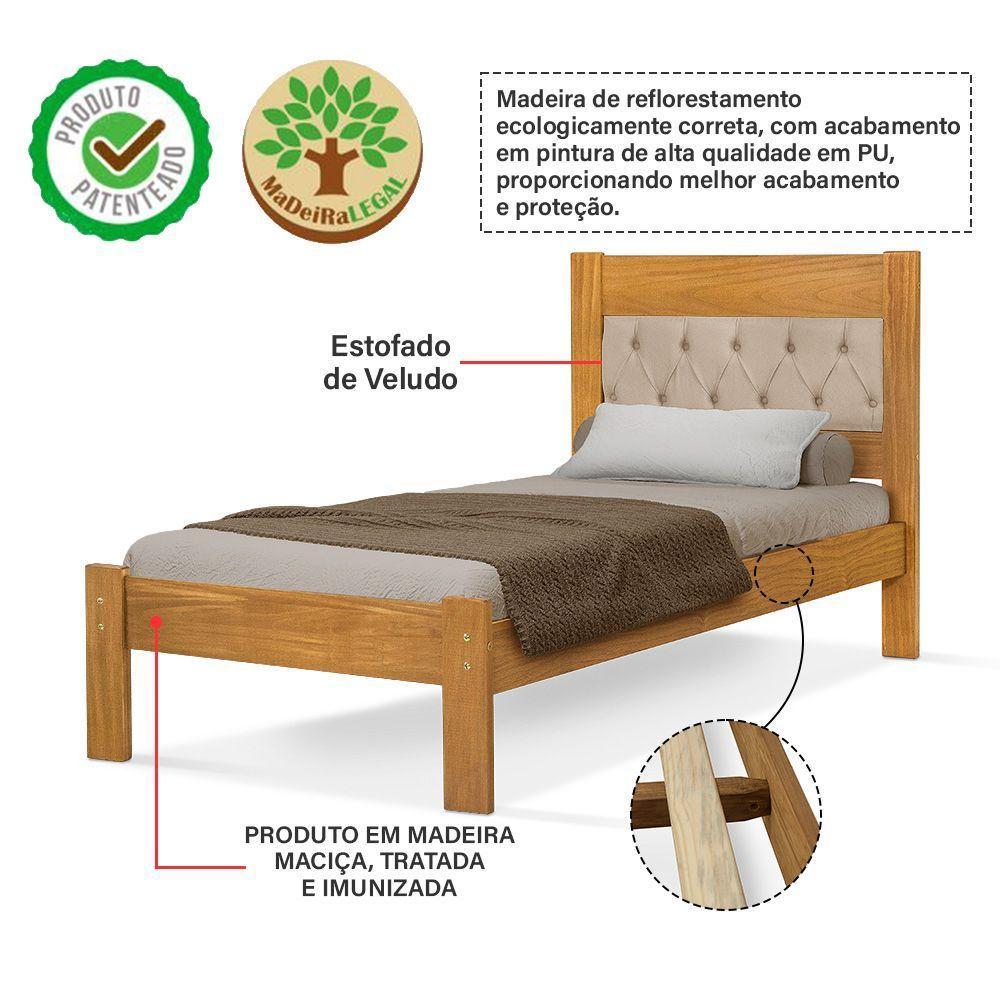 Cama De Solteiro De Madeira Imbuia Viena Com Cabeceira Estofada Veludo Bege - 3