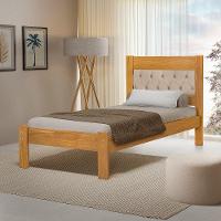 Cama De Solteiro De Madeira Imbuia Viena Com Cabeceira Estofada Veludo Bege - 1