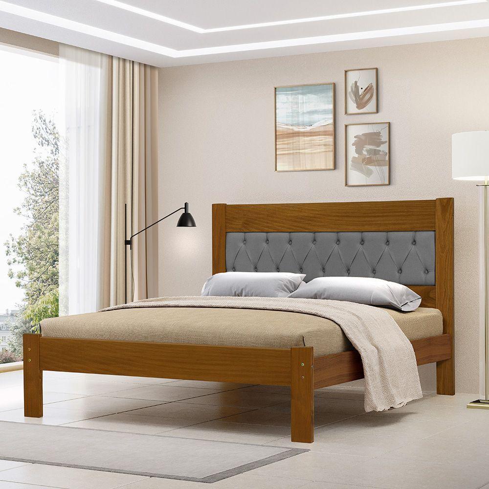 Cama De Casal De Madeira Castanho Viena Com Cabeceira Estofada Veludo Cinza - 1