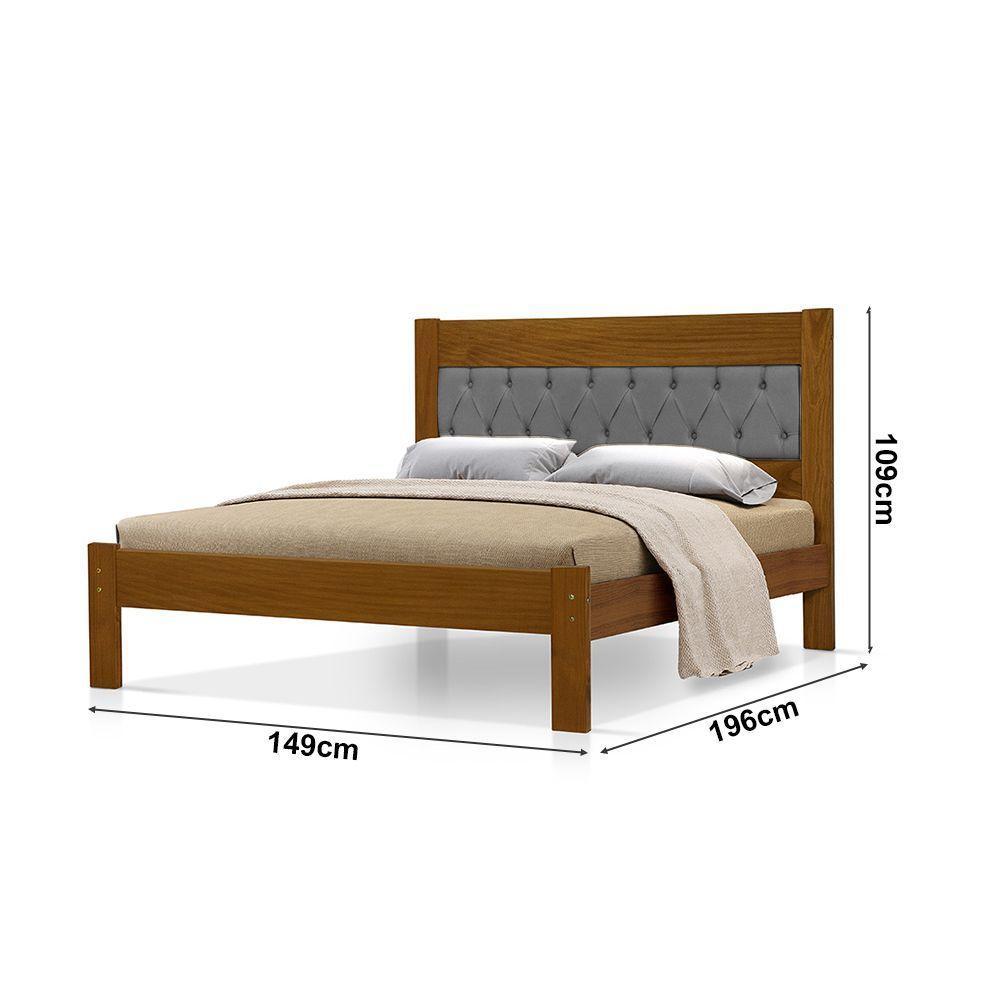 Cama De Casal De Madeira Castanho Viena Com Cabeceira Estofada Veludo Cinza - 3