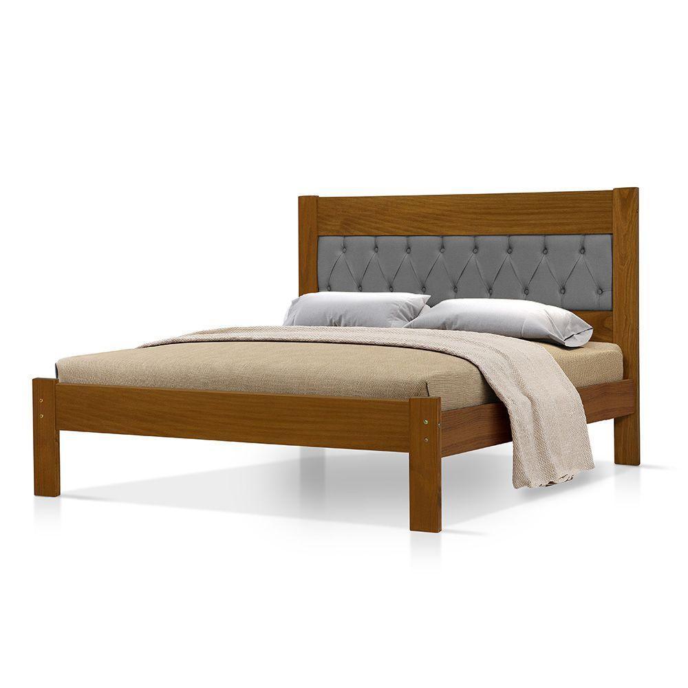 Cama De Casal De Madeira Castanho Viena Com Cabeceira Estofada Veludo Cinza - 4