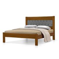 Cama De Casal De Madeira Castanho Viena Com Cabeceira Estofada Veludo Cinza - 4