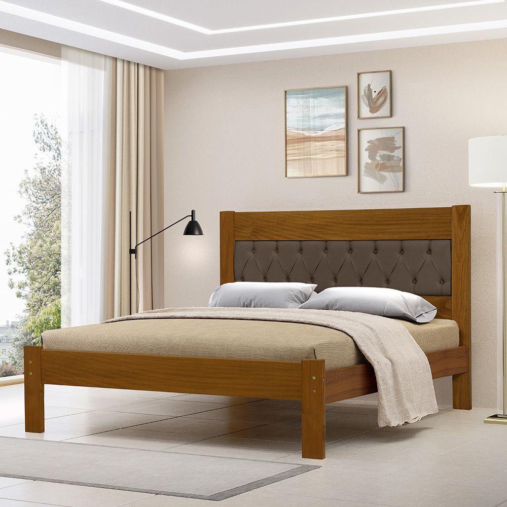 Cama De Casal De Madeira Castanho Viena Com Cabeceira Estofada Veludo Marrom - 1