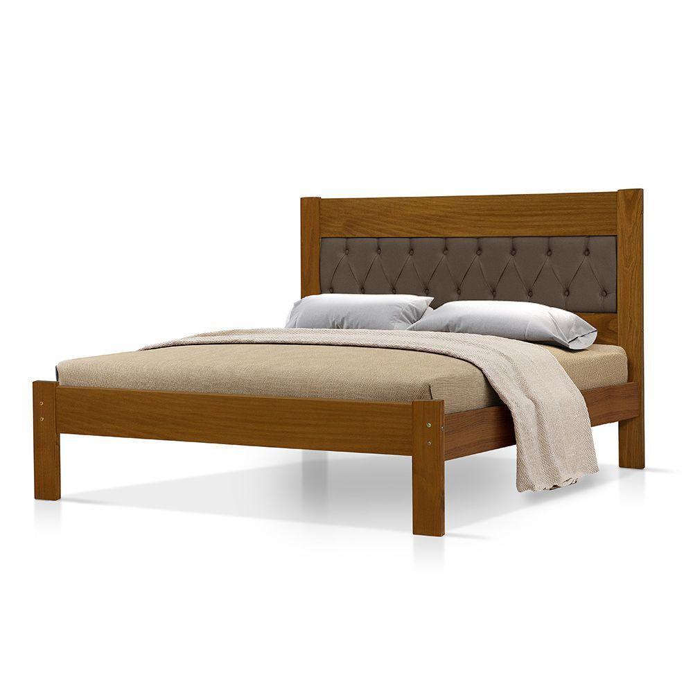 Cama De Casal De Madeira Castanho Viena Com Cabeceira Estofada Veludo Marrom - 2