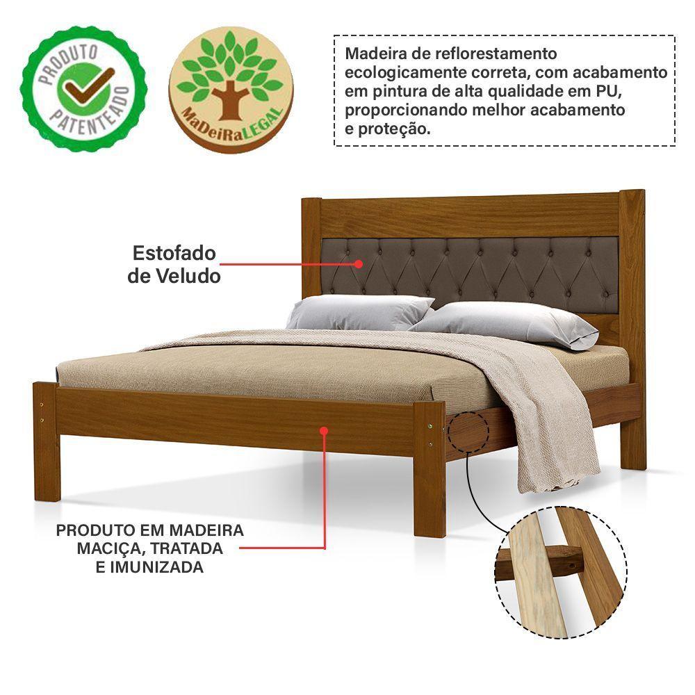 Cama De Casal De Madeira Castanho Viena Com Cabeceira Estofada Veludo Marrom - 3