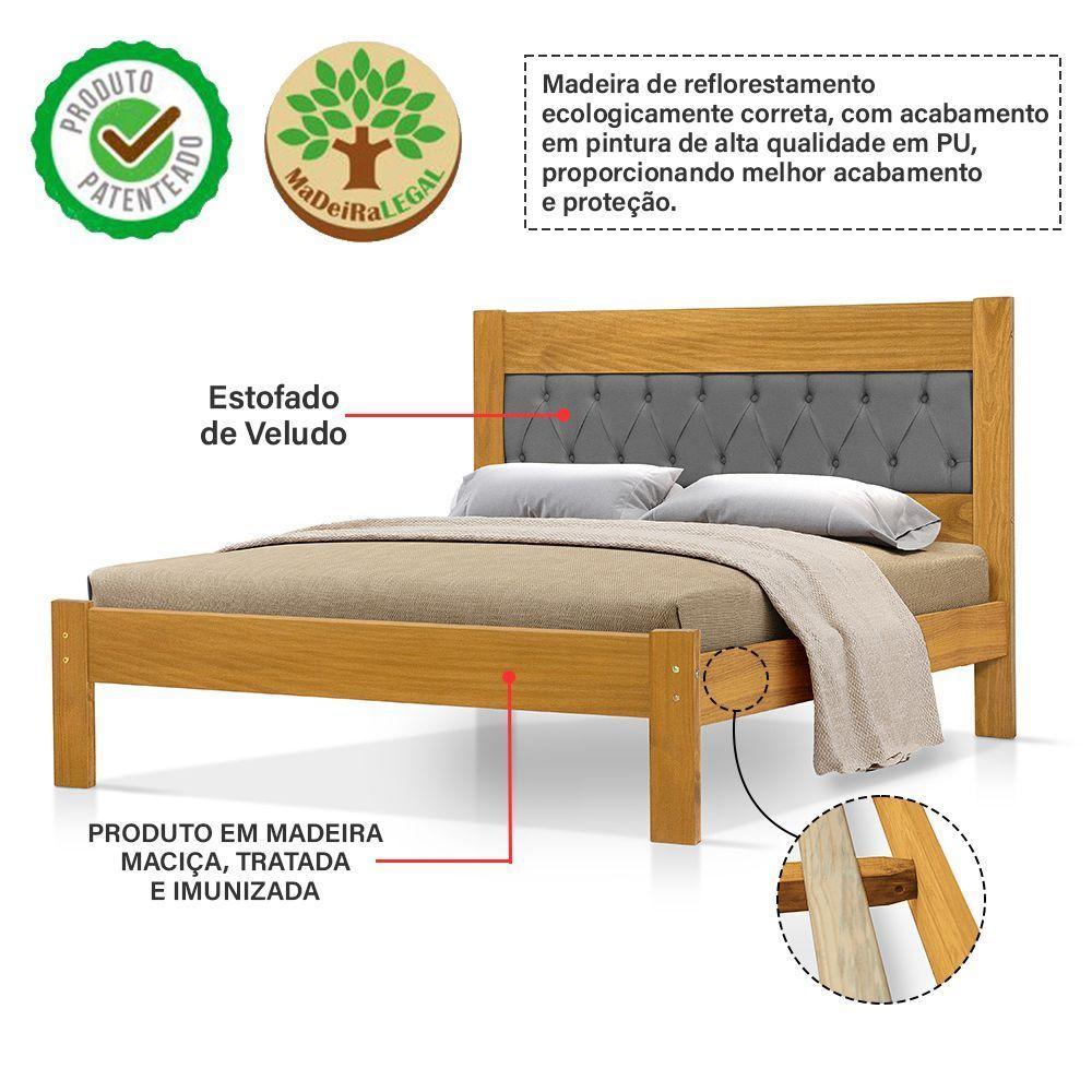 Cama De Casal Viena Com Cabeceira Captonê Veludo Cinza Madeira Imbuia - 3