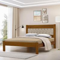Cama De Casal De Madeira Castanho Viena Com Cabeceira Estofada Veludo Bege - 1