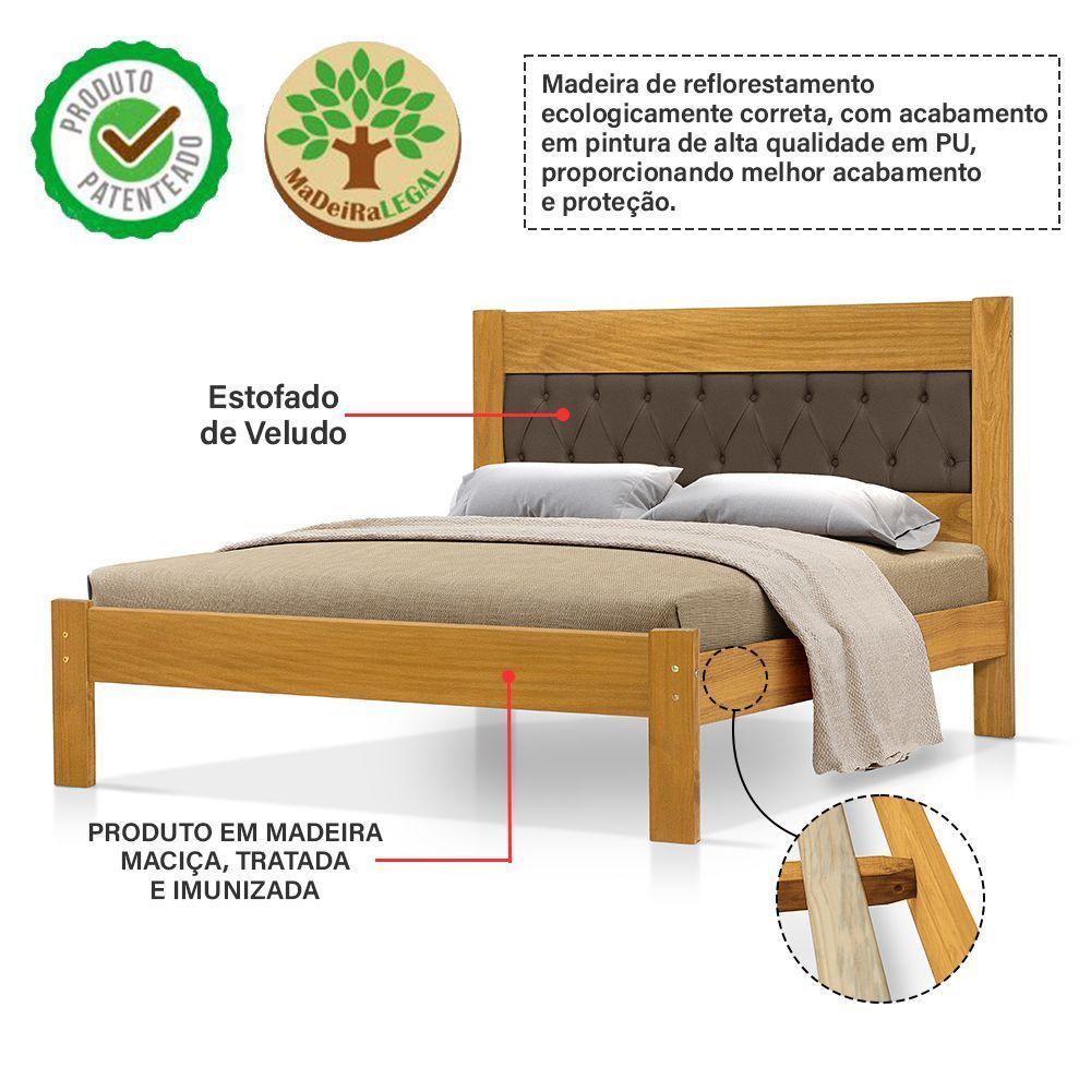 Cama De Casal De Madeira Imbuia Viena Com Cabeceira Estofada Veludo Marrom - 3