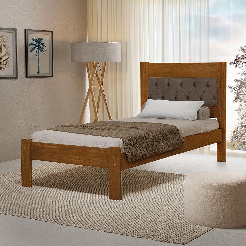 Cama De Solteiro Viena Com Cabeceira Captonê Veludo Marrom Madeira Castanho - 1