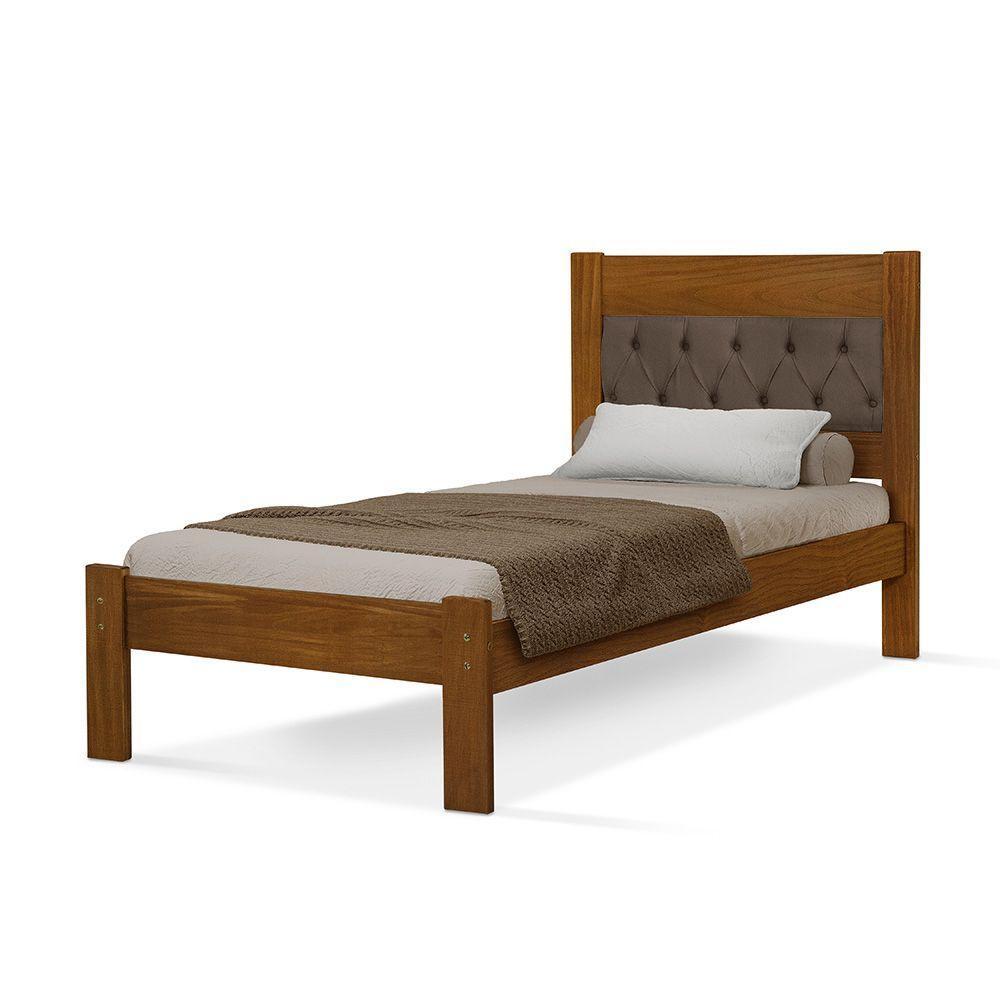 Cama De Solteiro Viena Com Cabeceira Captonê Veludo Marrom Madeira Castanho - 2