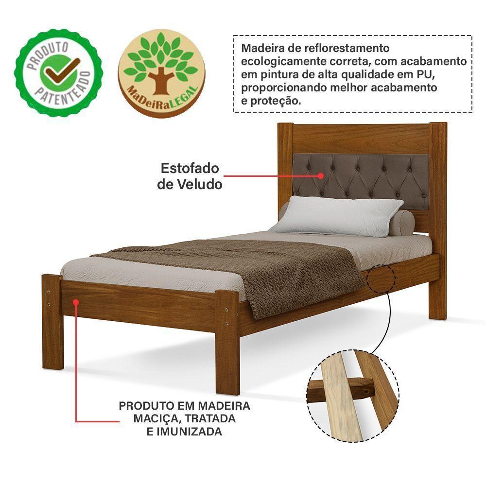 Cama De Solteiro Viena Com Cabeceira Captonê Veludo Marrom Madeira Castanho - 3
