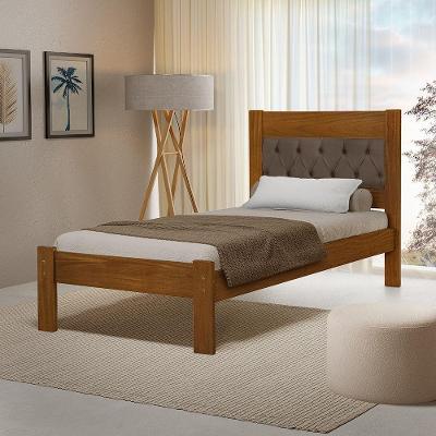 Cama De Solteiro Viena Com Cabeceira Captonê Veludo Marrom Madeira Castanho
