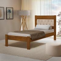 Cama De Solteiro De Madeira Castanho Viena Com Cabeceira Estofada Veludo Bege - 1