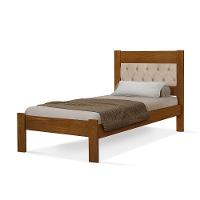 Cama De Solteiro De Madeira Castanho Viena Com Cabeceira Estofada Veludo Bege - 2