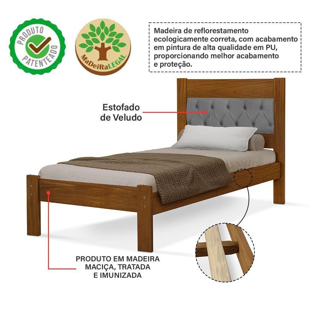 Cama De Solteiro Viena Com Cabeceira Captonê Veludo Cinza Madeira Castanho - 3