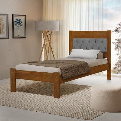 Cama De Solteiro Viena Com Cabeceira Captonê Veludo Cinza Madeira Castanho