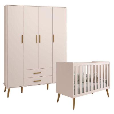 Berço Americano E Guarda Roupa Infantil 4 Portas Isis Rosa Acetinado - Reller