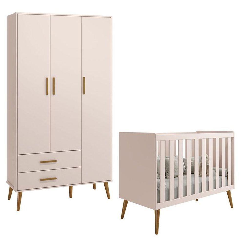 Berço Americano E Guarda Roupa Infantil 3 Portas Isis Rosa Acetinado - Reller - 1