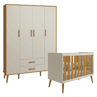 Berço Americano E Guarda Roupa Infantil 4 Portas Isis Areia Acetinado Savana - Reller