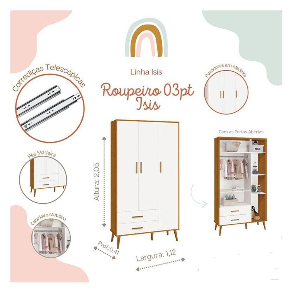 Quarto De Bebê Isis 3 Portas Branco Acetinado Savana Com Colchão Ortobom - Reller - 6