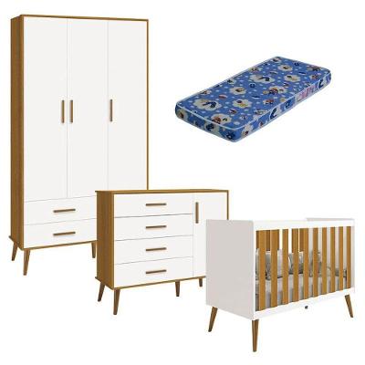 Quarto De Bebê Isis 3 Portas Branco Acetinado Savana Com Colchão Ortobom - Reller
