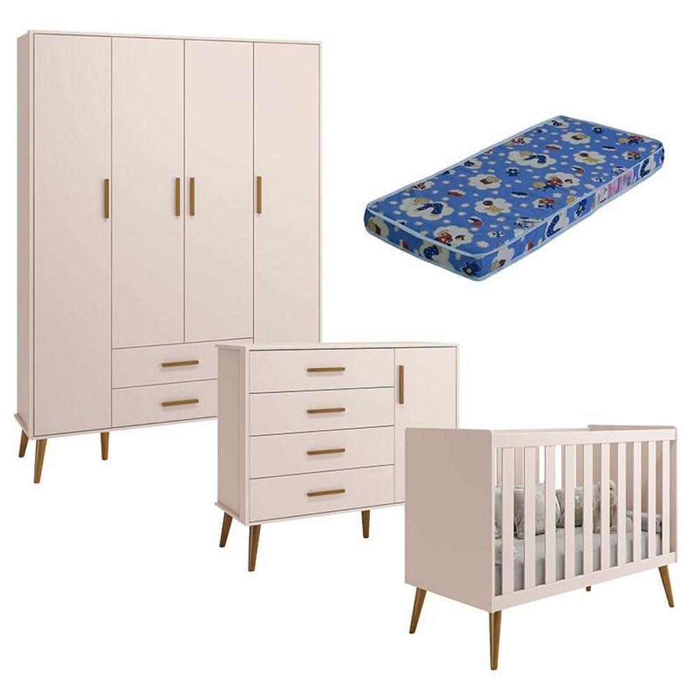 Quarto De Bebê Isis 4 Portas Rosa Acetinado Com Colchão Ortobom - Reller - 1
