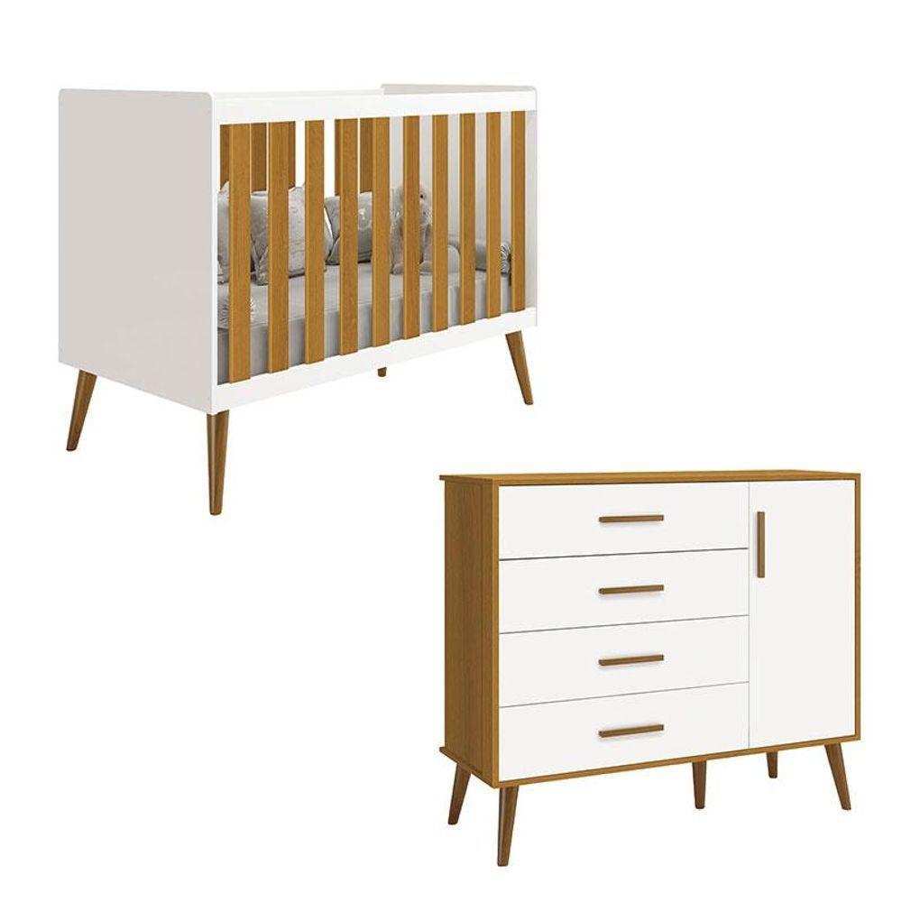 Berço Americano E Cômoda Infantil Com Porta Isis Branco Acetinado Savana - Reller - 1