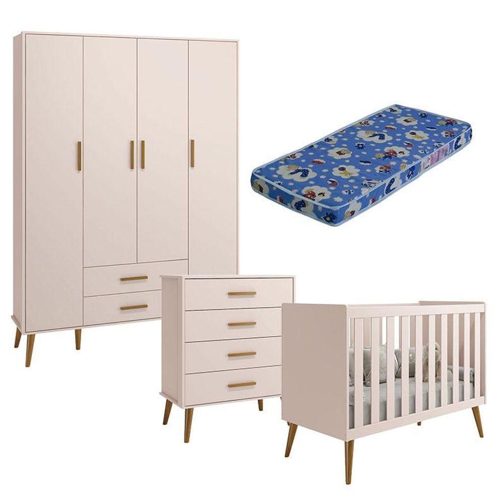 Quarto De Bebê Isis 4 Portas Com Gaveteiro Rosa Acetinado Com Colchão Ortobom - Reller - 1