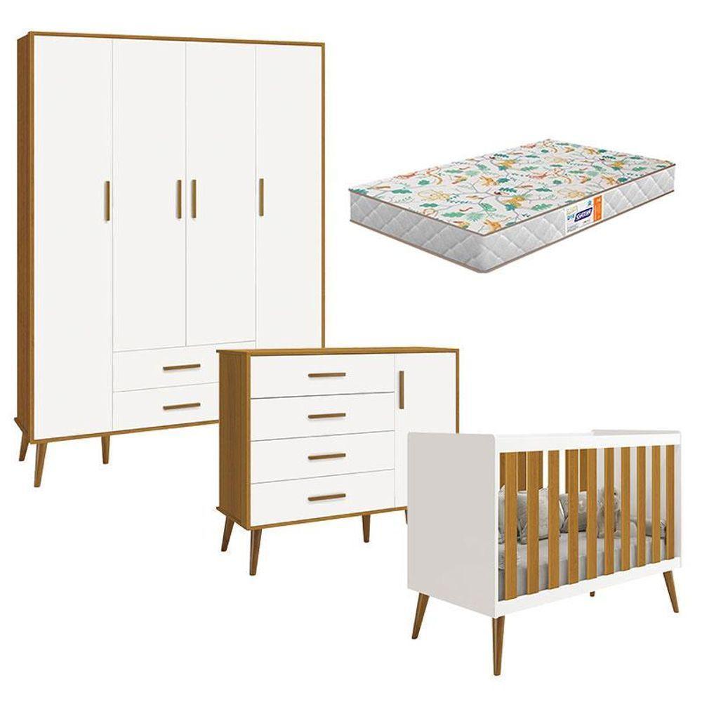 Quarto De Bebê Isis 4 Portas Branco Acetinado Savana Com Colchão Gazin - Reller - 1
