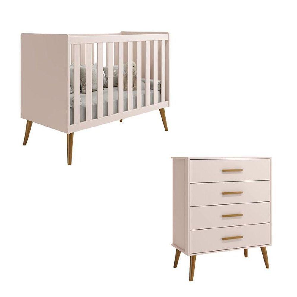 Berço Americano E Cômoda Gaveteiro Infantil Isis Rosa Acetinado - Reller - 1