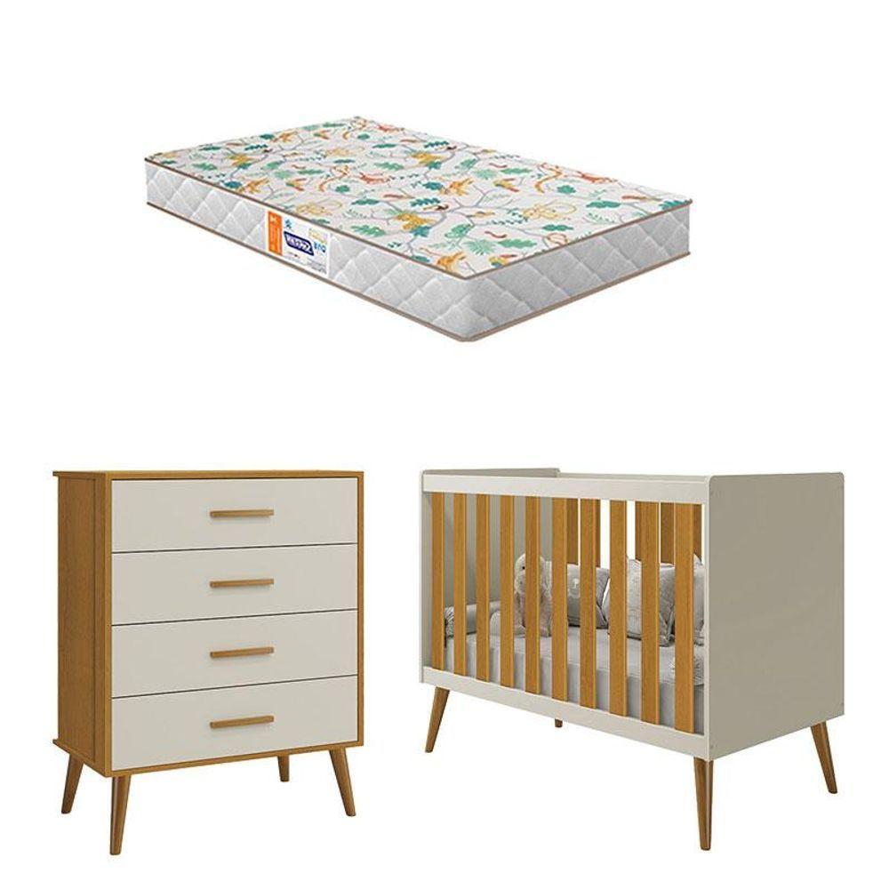 Berço Americano E Cômoda Gaveteiro Infantil Isis Areia Acetinado Savana Com Colchão Gazin - Reller - 1