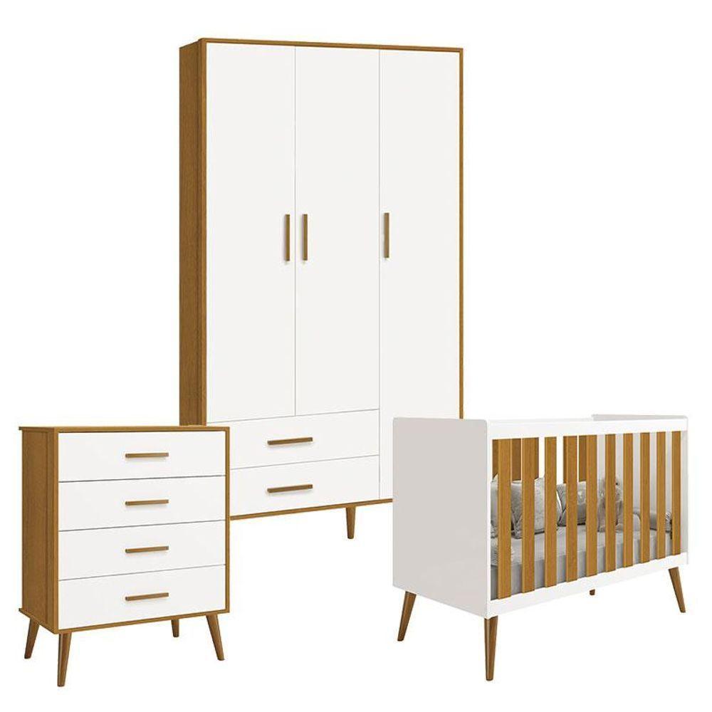 Quarto De Bebê Isis 3 Portas Com Gaveteiro Branco Acetinado Savana - Reller - 1