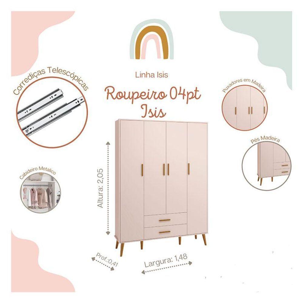 Quarto De Bebê Isis 4 Portas Rosa Acetinado - Reller - 6