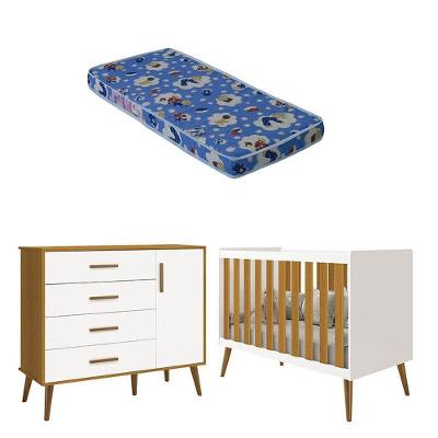 Berço Americano E Cômoda Infantil Com Porta Isis Branco Acetinado Savana Com Colchão Ortobom