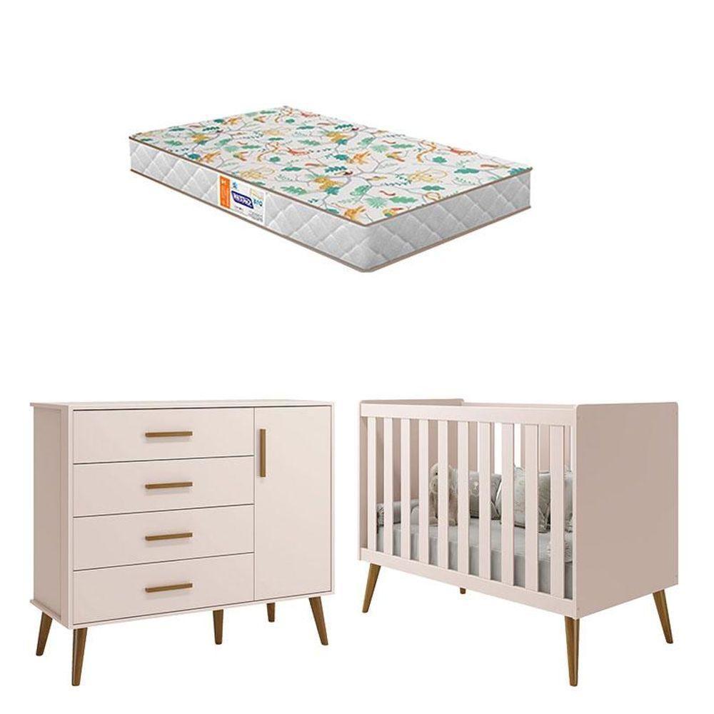 Berço Americano E Cômoda Infantil Com Porta Isis Rosa Acetinado Com Colchão Gazin - Reller - 1