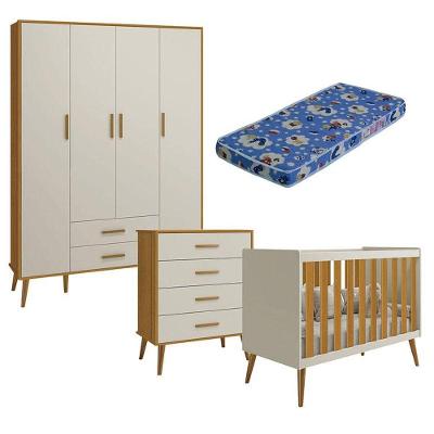 Quarto De Bebê Isis 4 Portas Com Gaveteiro Areia Acetinado Savana Com Colchão Ortobom - Reller