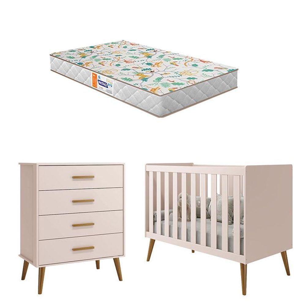 Berço Americano E Cômoda Gaveteiro Infantil Isis Rosa Acetinado Com Colchão Gazin - Reller - 1