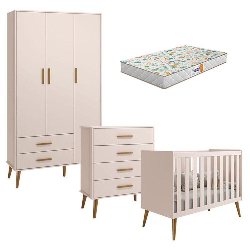 Quarto De Bebê Isis 3 Portas Com Gaveteiro Rosa Acetinado E Colchão Gazin - Reller - 1