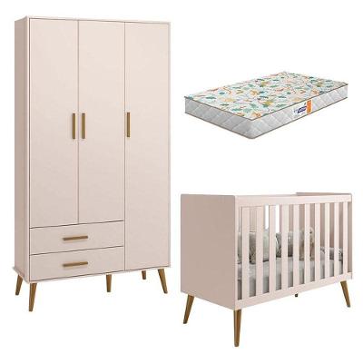 Berço Americano E Guarda Roupa Infantil 3 Portas Isis Rosa Acetinado Com Colchão Gazin - Reller